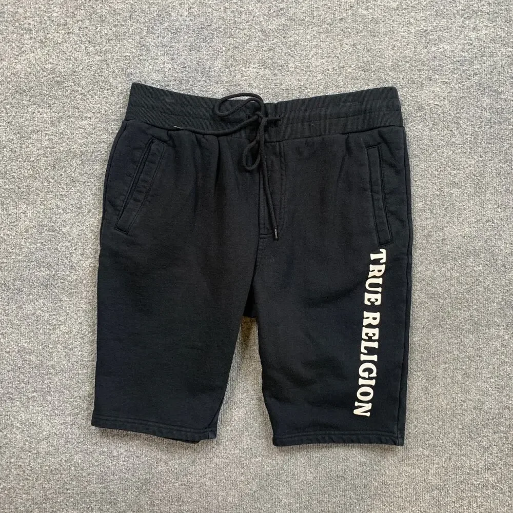 True Religion Shorts Mens L Large Black Fleece Sweat Loungewear Gym Training